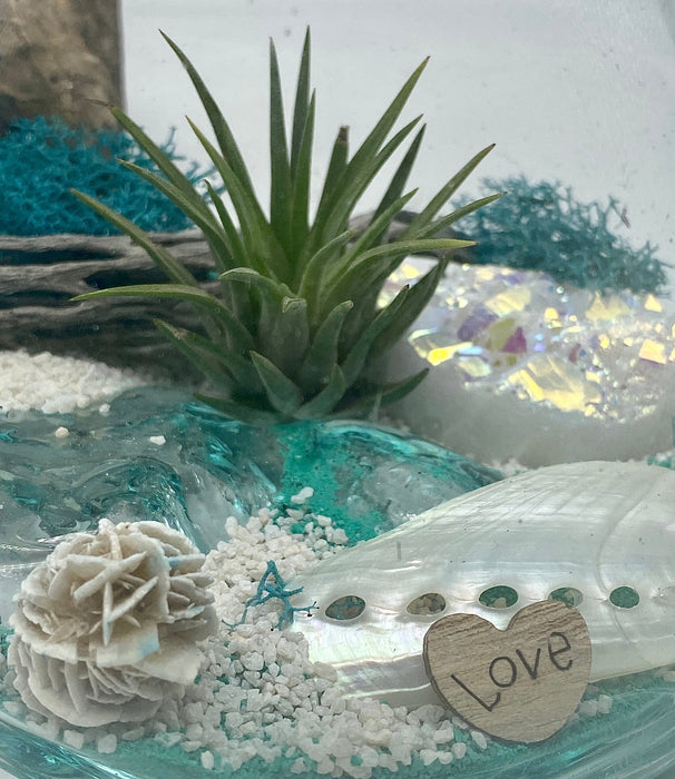 Hand-Blown Glass Air Plant Terrarium with Angel Aura Crystal - Perfect Beach Decor with Turquoise Beach Sand