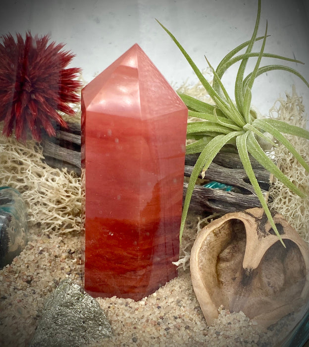 Obelisco de cuarzo de fundición roja + cáscara de nuez de corazón + terrario de plantas de aire, decoración de playa de bricolaje de vidrio soplado