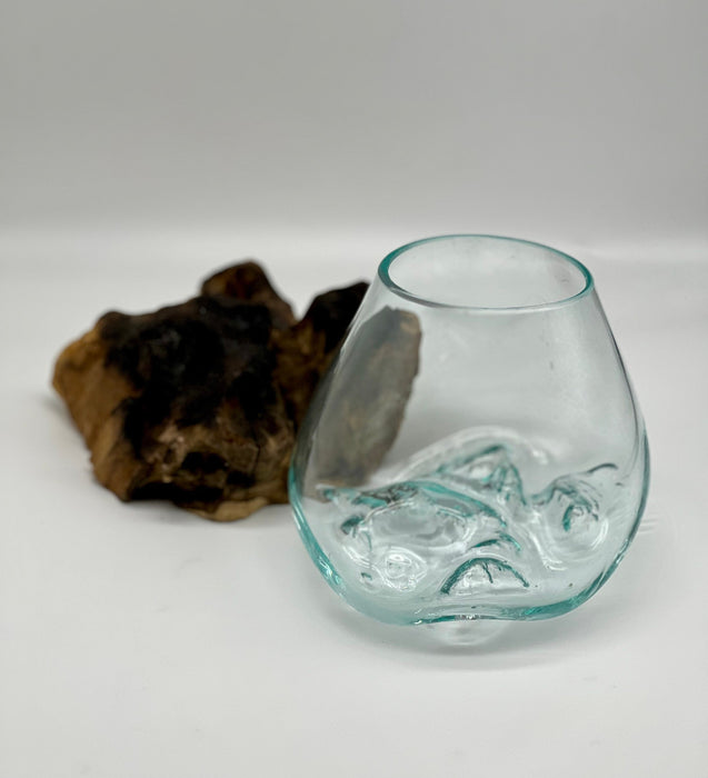 Hand-Blown Glass Melted Over Gamal Wood - 6x6" Two-Piece Handcrafted Set - Glass + Wood Base