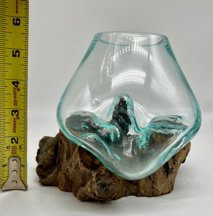 Hand-Blown Glass Melted Over Gamal Wood - 5x5" Two-Piece Handcrafted Set - Glass + Wood Base