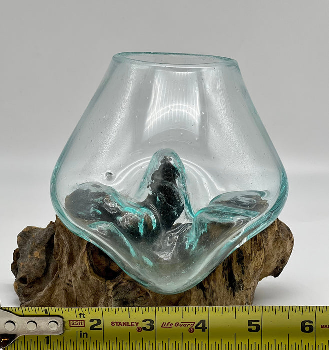 Hand-Blown Glass Melted Over Gamal Wood - 5x5" Two-Piece Handcrafted Set - Glass + Wood Base