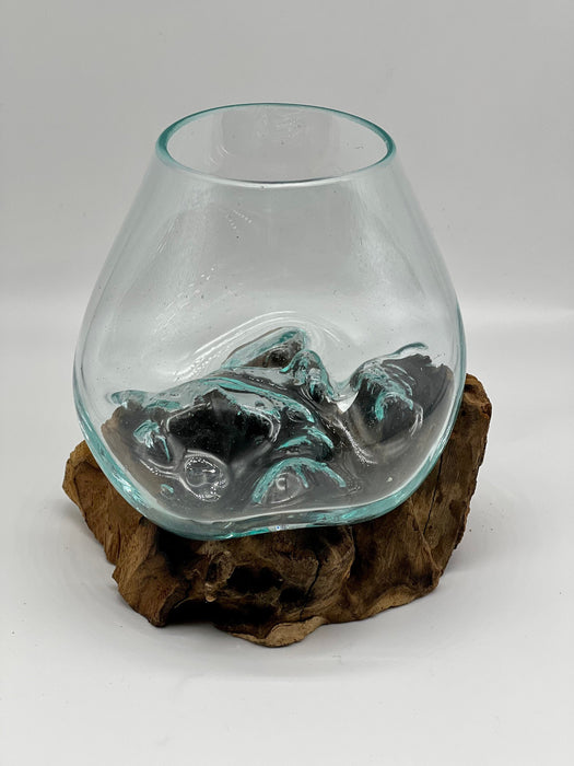 Create a Serene Atmosphere with Our Tea Candle Hand-Blown Glass Melted Over Gamal Wood Set - 6x6", Includes Angel Aura Crystal, Peacock Rock, and Black Sand