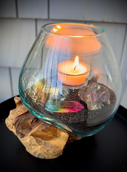 Create a Serene Atmosphere with Our Tea Candle Hand-Blown Glass Melted Over Gamal Wood Set - 6x6", Includes Angel Aura Crystal, Peacock Rock, and Black Sand