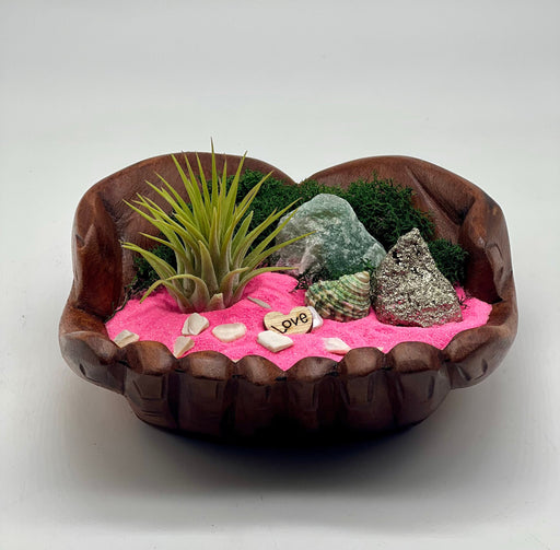 Pink Sands Air Plant Sanctuary: Featuring a Green Turbo Shell, Aventurine Stone, Pyrite Gold, and a Wood Love Charm